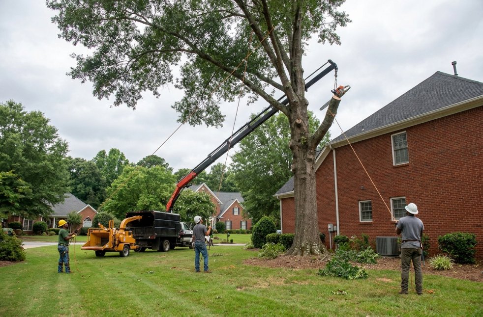 Tree removal crew cutting down large backyard tree beside a brick home in Covington, GA