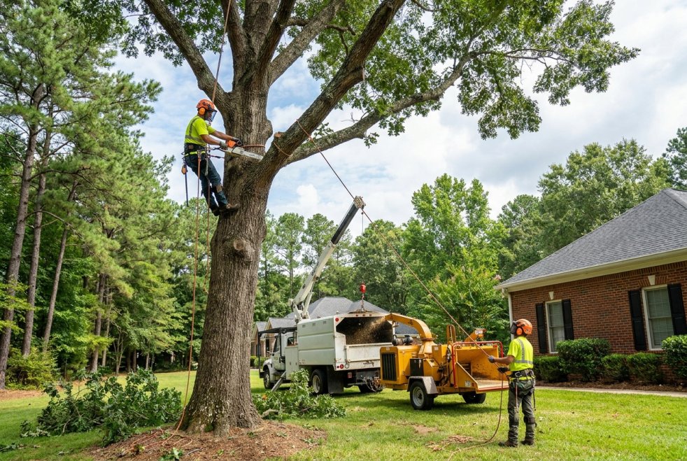 Tree removal workers trimming a large tree beside a suburban home with wood chipper in a Georgia yard